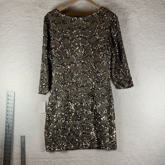 Vtg Scala Sequin Dress Womens 12 Metallic 100% Silk V-Neck Long‎ Sleeve Back Zip - Picture 10 of 11